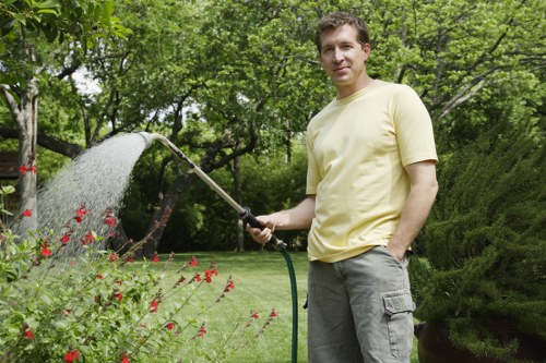 Gardener assessing shrubbery near a pathway